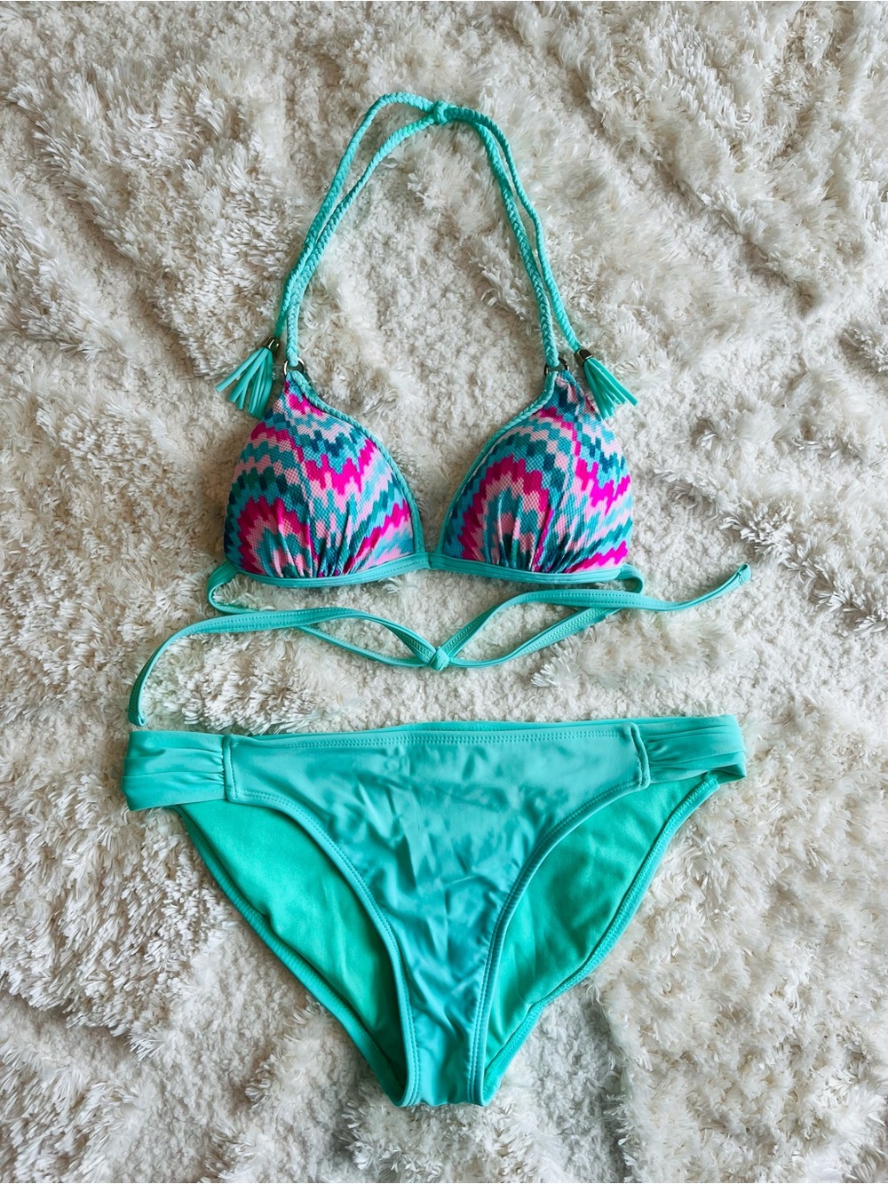 Turquoise Bikini with Pink & Blue Patterned Top